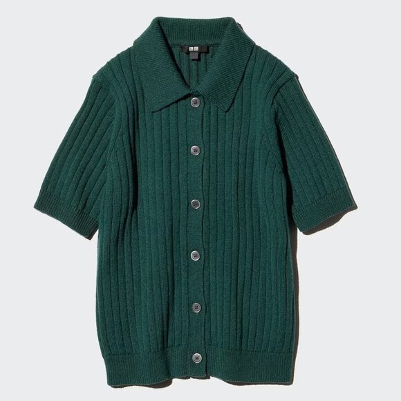 UNIQLO Ribbed Sweater-Knit Polo Short-Sleeve Button-Up Cardigan (Green) - Picture 6 of 16
